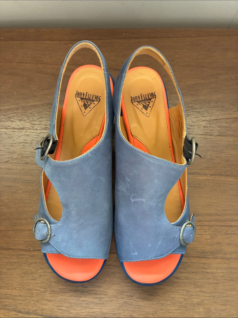 Fluevog Blue and Coral Women's Slingback Sandals - Picture 2 of 6